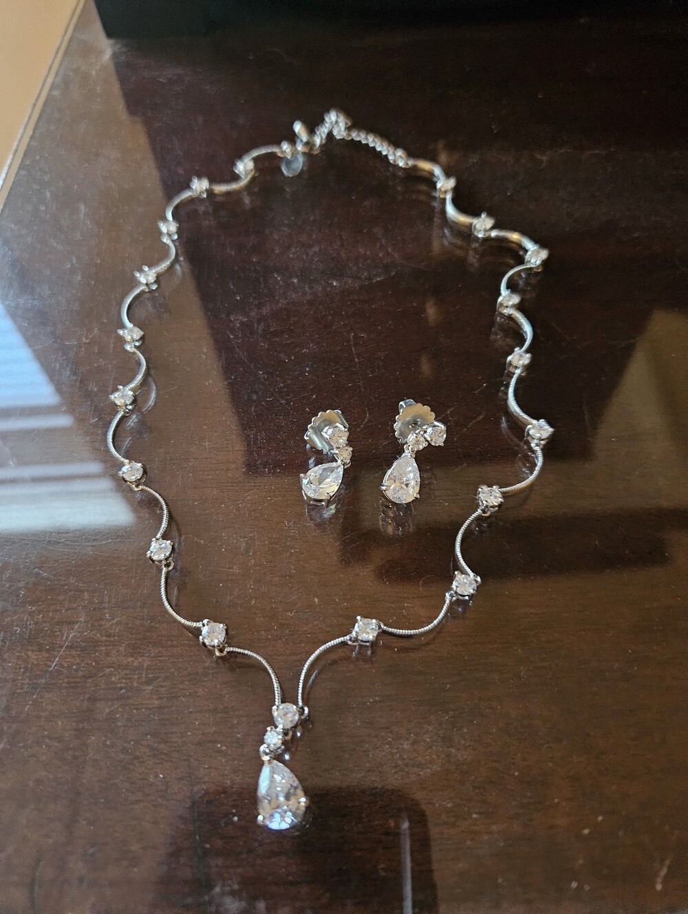 LIA SOPHIA Crystal Teardrop Necklace & Earrings Set | Silver Tone Bridal Prom Je